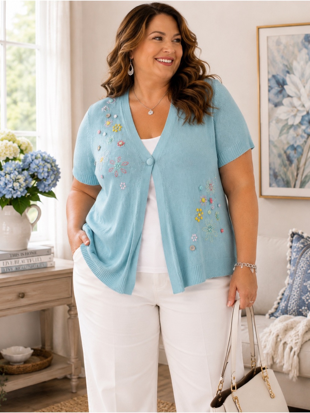 CJ Banks Christopher & Banks Blue Floral Embroidered Short Sleeve Cardigan
